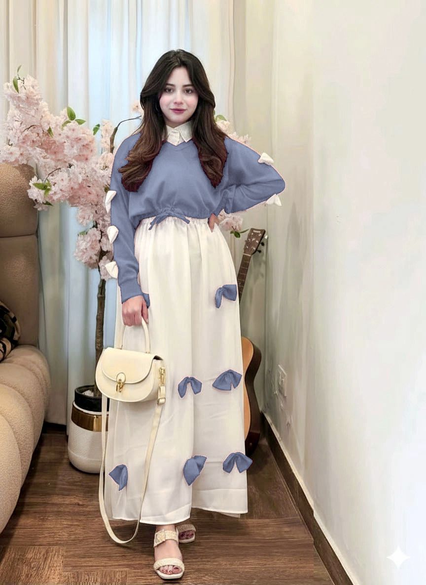 2PC Georgette Maxi Dress Set for Women β V Neck Bow Top with Long Flare Maxi (Elegant Party Wear)
