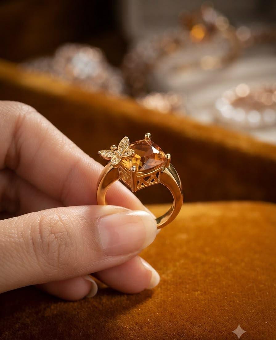 Butterfly Design Gold Plated Zircon Adjustable Ring for Women