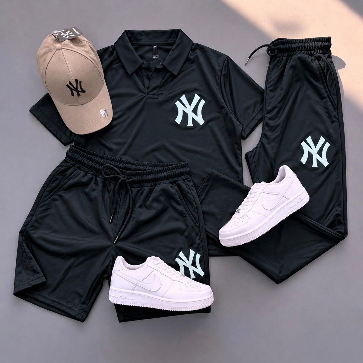 NY Embroidered 3-Piece Track Suit for Men – Polo T-Shirt, Shorts & Trouser (Black)