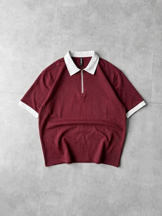 Back Print Zip Polo Shirt – Drop Shoulder Fine Terry Oversized T-Shirt