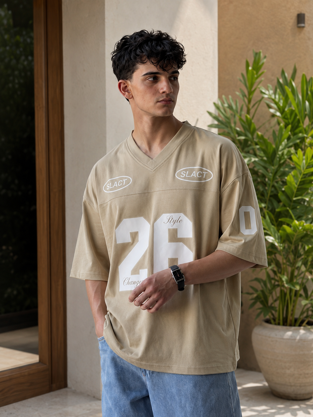 Men's Oversized 26 Graphic V-Neck Jersey T-Shirt