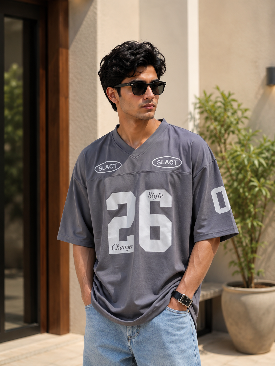 Men's Oversized 26 Graphic V-Neck Jersey T-Shirt