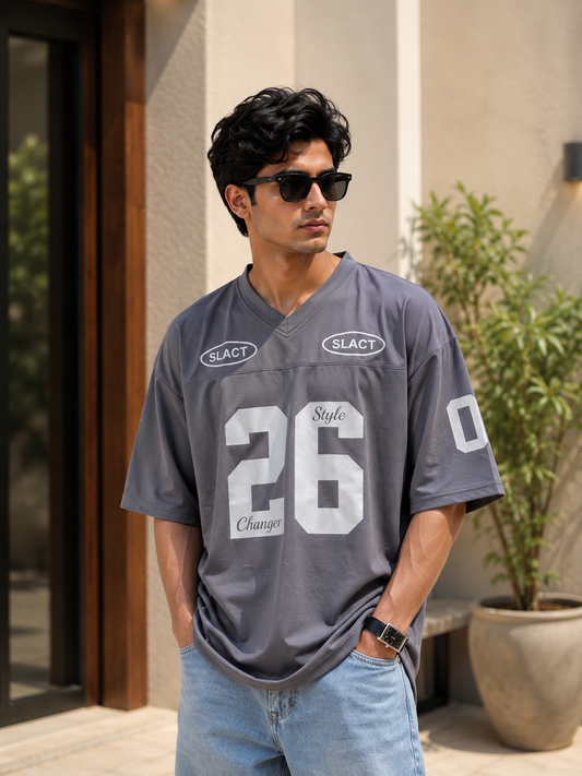 Men's Oversized 26 Graphic V-Neck Jersey T-Shirt