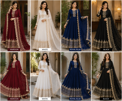 Premium Embroidered Anarkali Maxi Dress with Net Dupatta – Women's Formal Wear