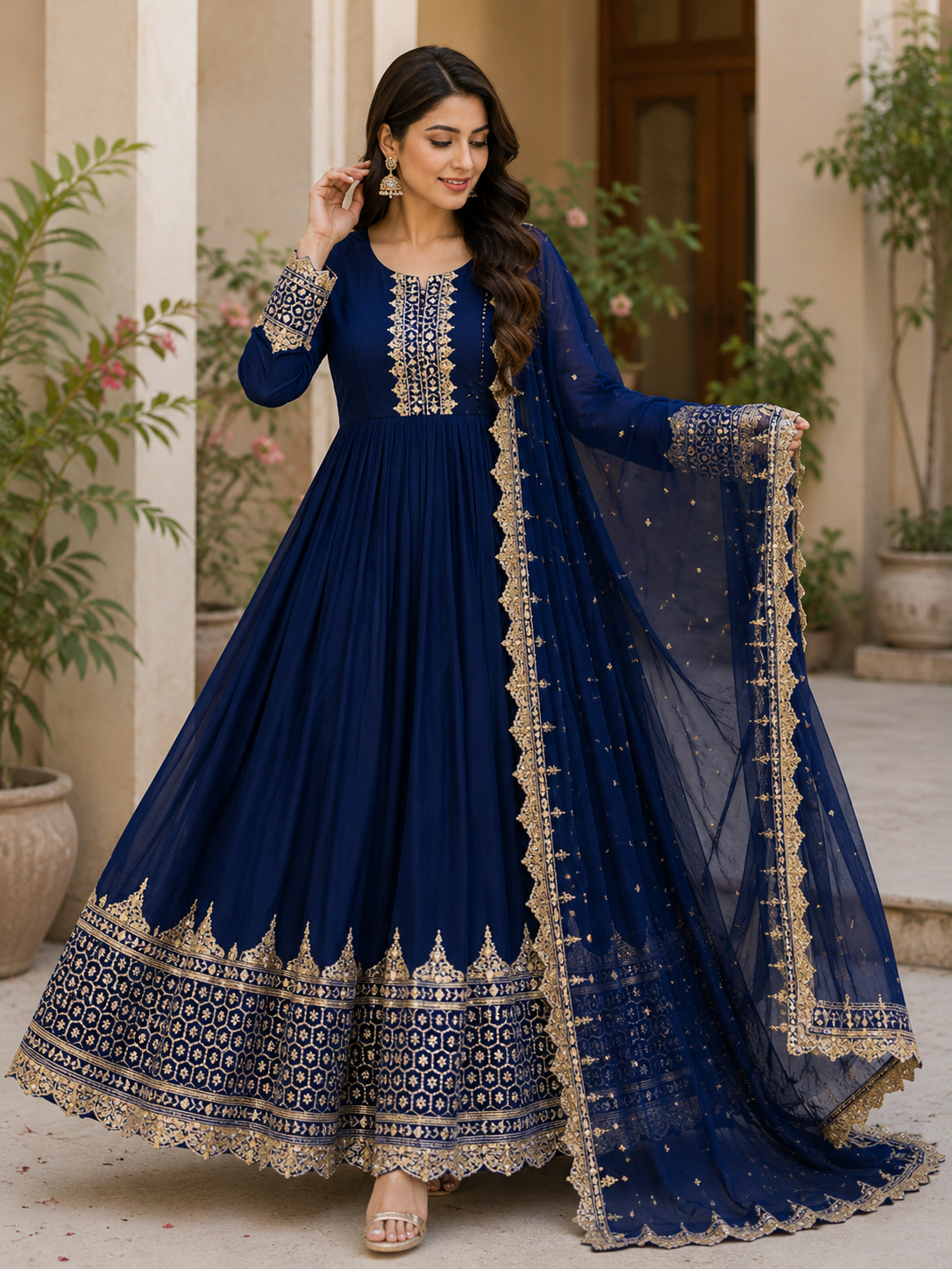 Premium Embroidered Anarkali Maxi Dress with Net Dupatta – Women's Formal Wear