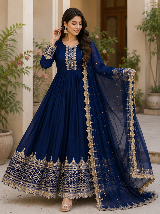 Premium Embroidered Anarkali Maxi Dress with Net Dupatta – Women's Formal Wear