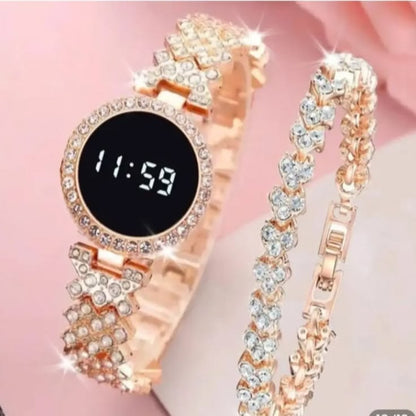 Luxury Crystal LED Watch & Bracelet Set for Women – Elegant Rhinestone Fashion Watch