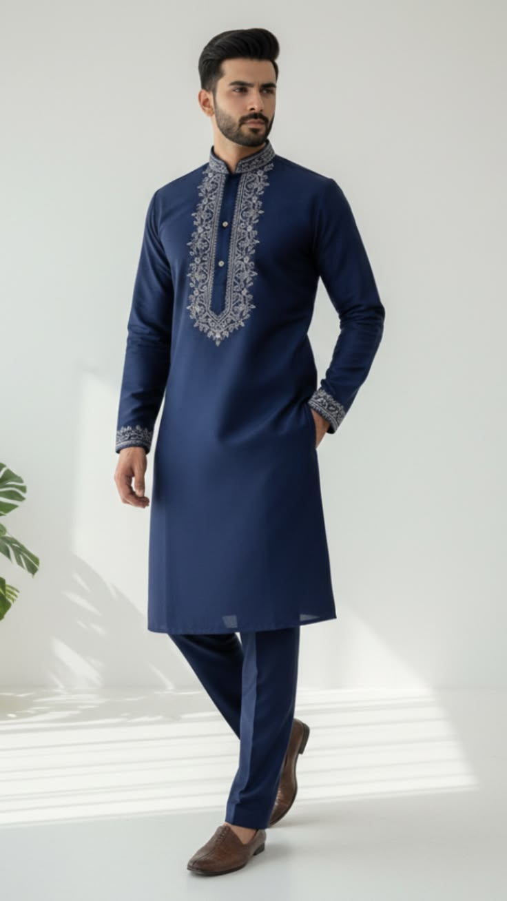 Royal Navy Embroidered Kurta Pajama Set