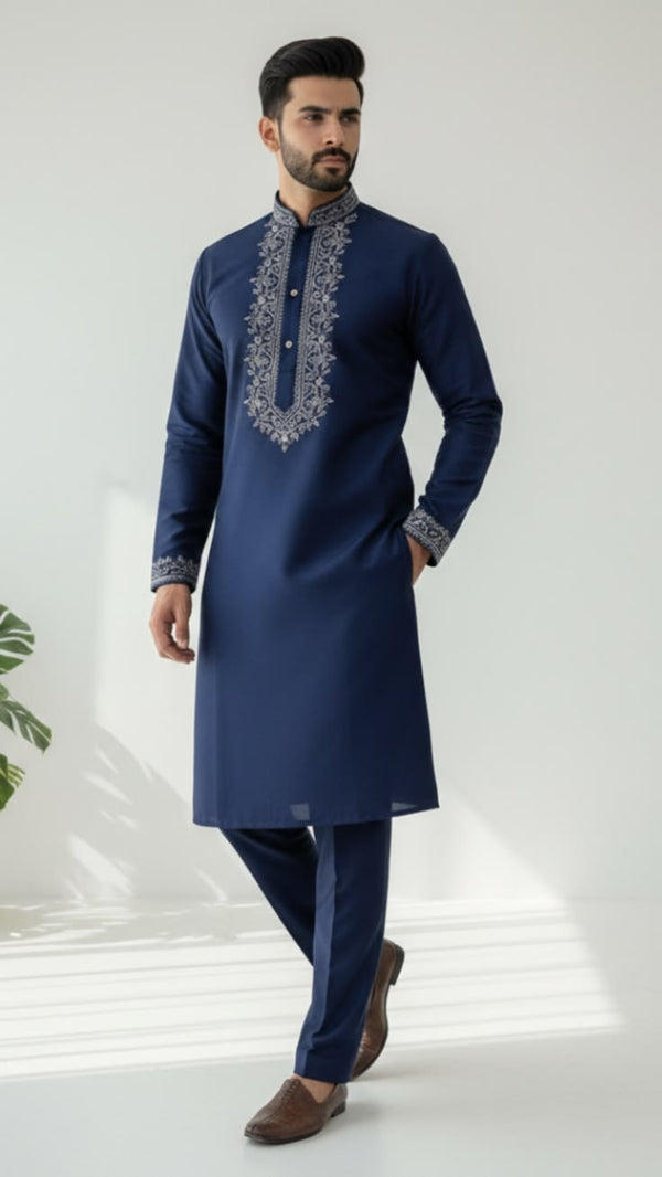 Royal Navy Embroidered Kurta Pajama Set