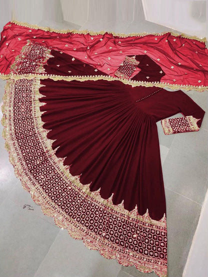 Premium Embroidered Anarkali Maxi Dress with Net Dupatta – Women's Formal Wear