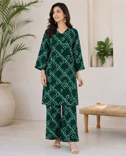 Women’s Green Printed 2-Piece Co-Ord Set – Elegant Casual Wear