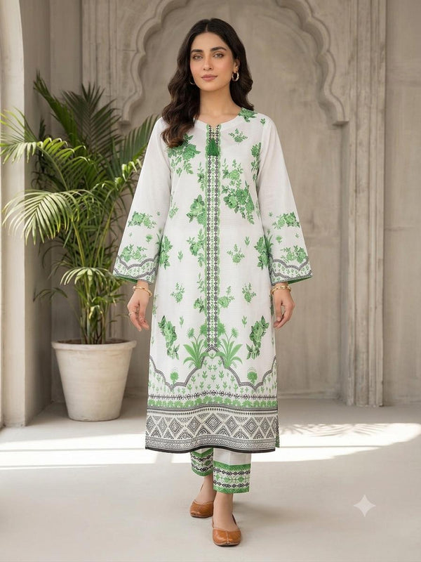 Women’s White & Green Floral Printed 3-Piece Suit with Dupatta