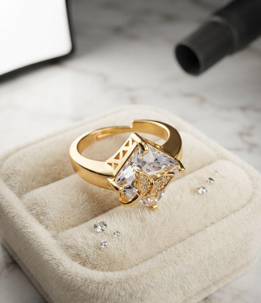 Butterfly Design Gold Plated Zircon Adjustable Ring for Women