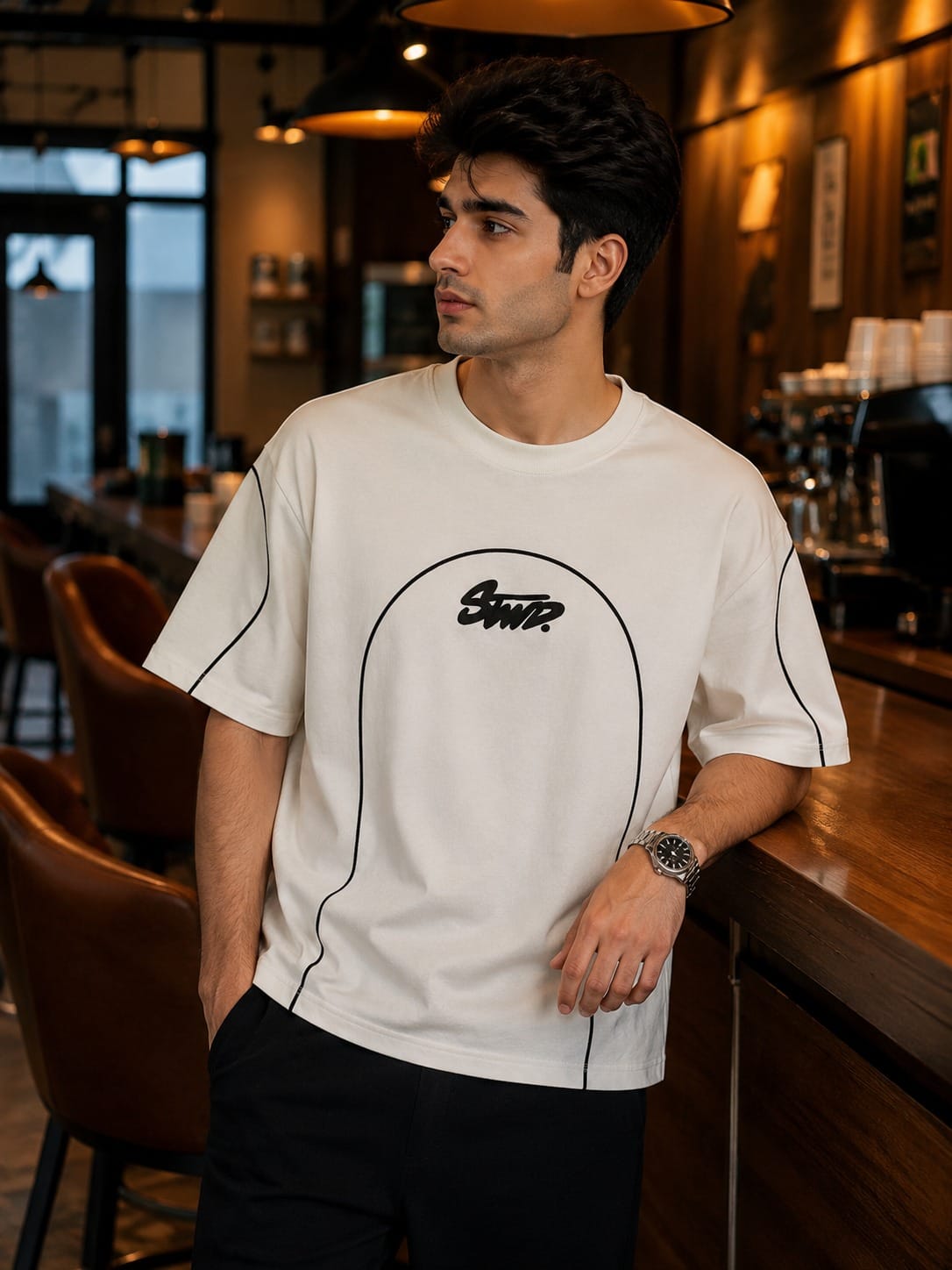 STWD Men's Oversized Contrast Piping T-Shirt