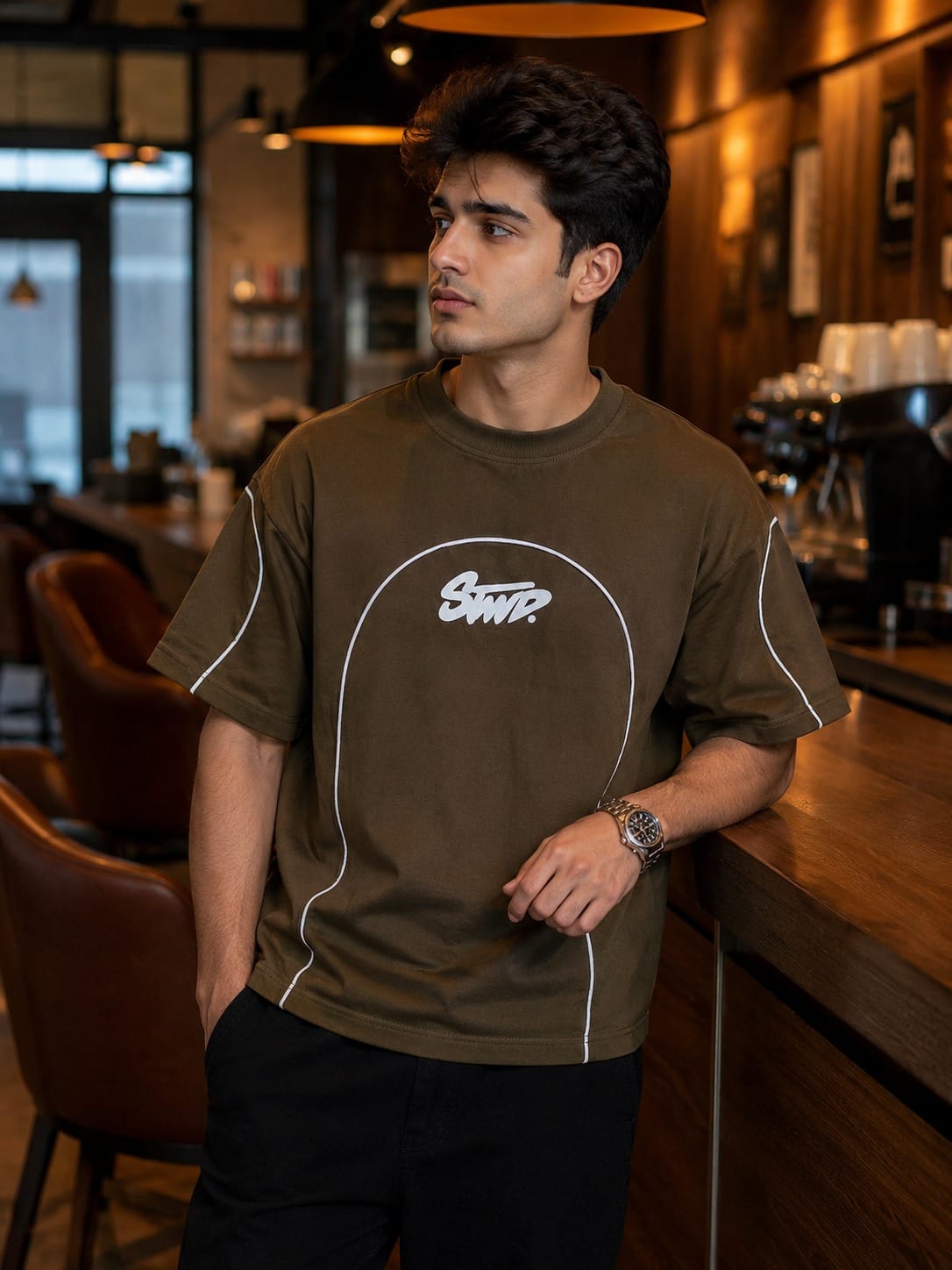 STWD Men's Oversized Contrast Piping T-Shirt