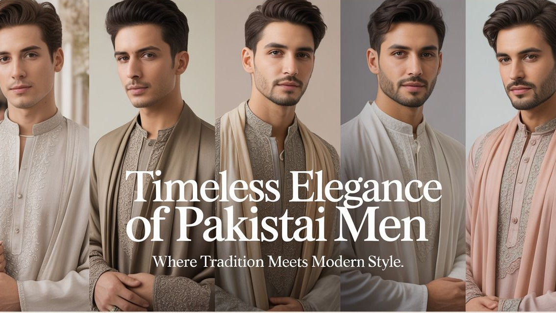Promotional banner for Pakistani men's traditional clothing with text 'Timeless Elegance of Pakistani Men'.