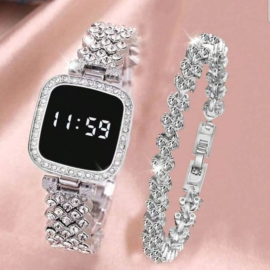 Luxury Crystal LED Watch & Bracelet Set for Women – Elegant Rhinestone Fashion Watch